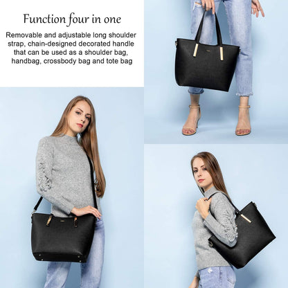 Schwarze Damen Handtasche Set, Leder Shopper Büro Schule