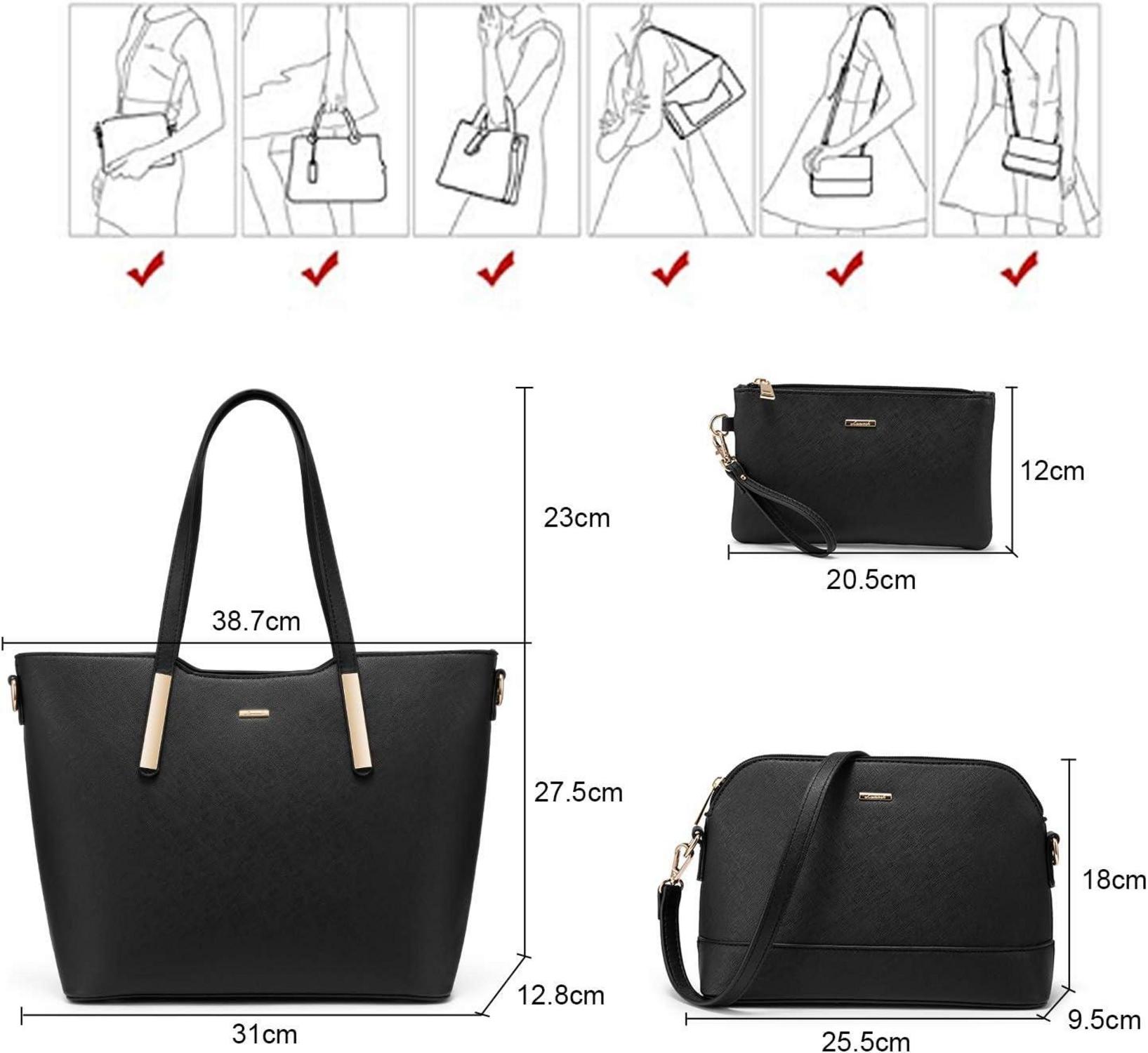 Schwarze Damen Handtasche Schultertasche 3-teiliges Set mit Umhängetasche - Großes Tote für Büro Schule Reise