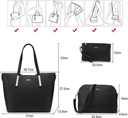 Schwarze Damen Handtasche Schultertasche 3-teiliges Set mit Umhängetasche - Großes Tote für Büro Schule Reise