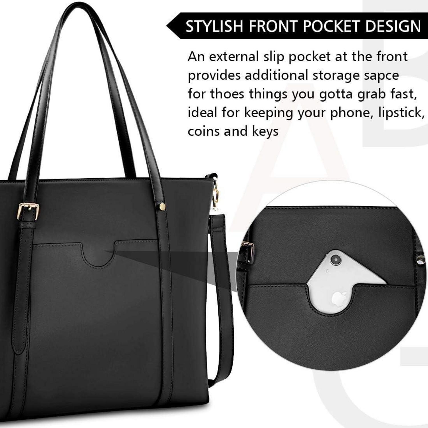 Handtasche Shopper Damen 15.6 Zoll PU Leder Schwarz Laptop Umhängetasche