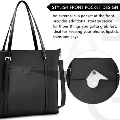 Handtasche Shopper Damen 15.6 Zoll PU Leder Schwarz Laptop Umhängetasche