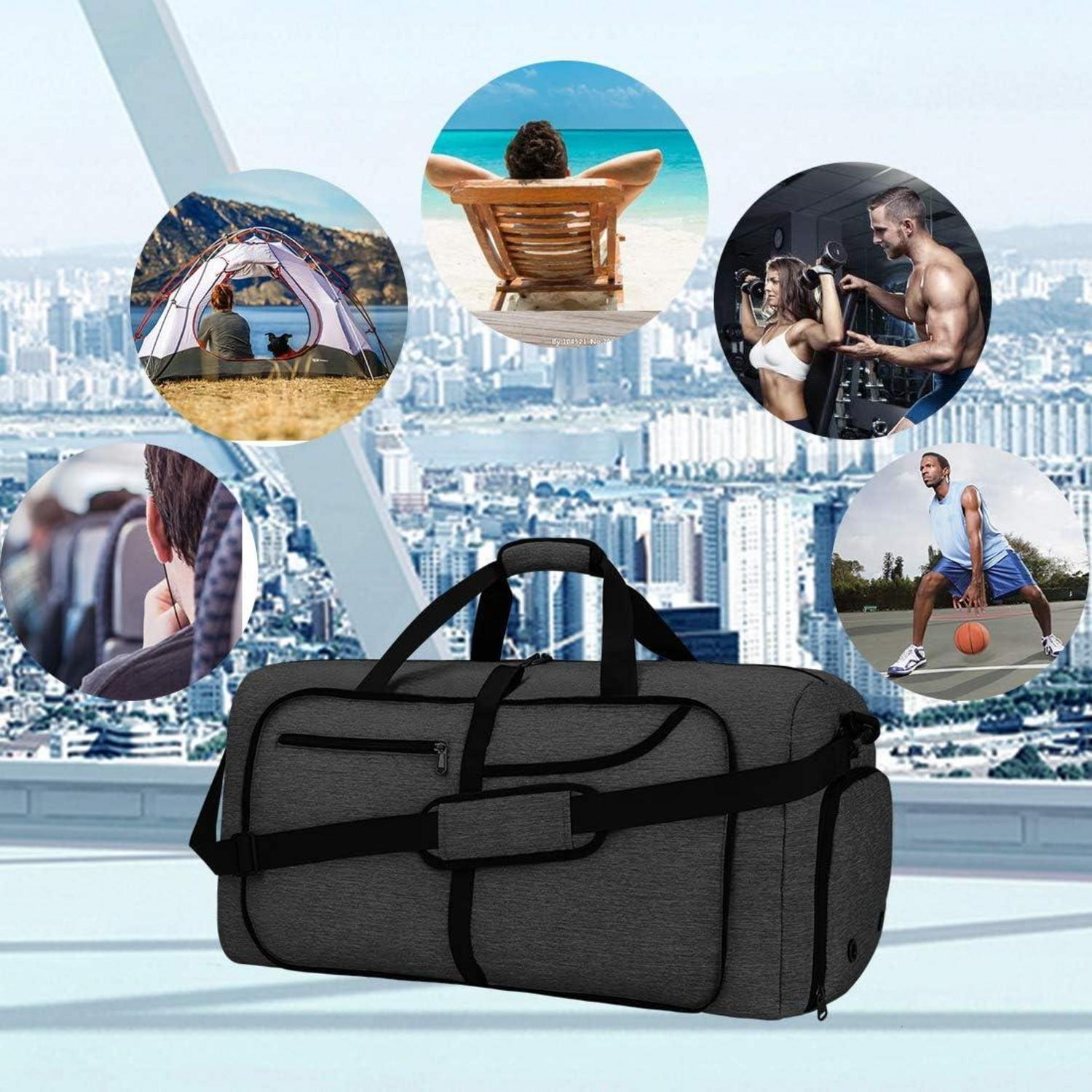 NEWHEY Reisetasche Groß 65L Faltbar Leicht Sporttasche Herren Damen Schwarz