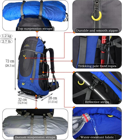 Großer 70L Trekkingrucksack Wasserdicht Leichtgewichtler Blau