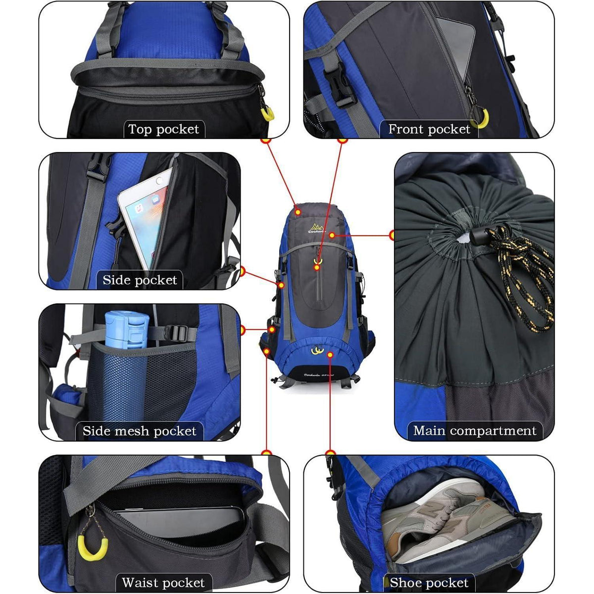 70L Trekkingrucksack Blau XL Damen Herren Wasserdicht