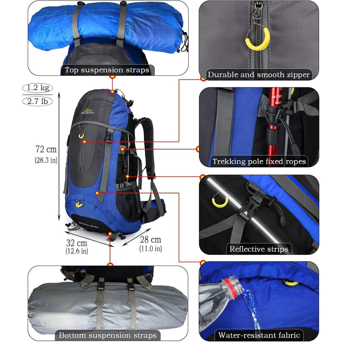 70L Trekkingrucksack Blau XL Damen Herren Wasserdicht