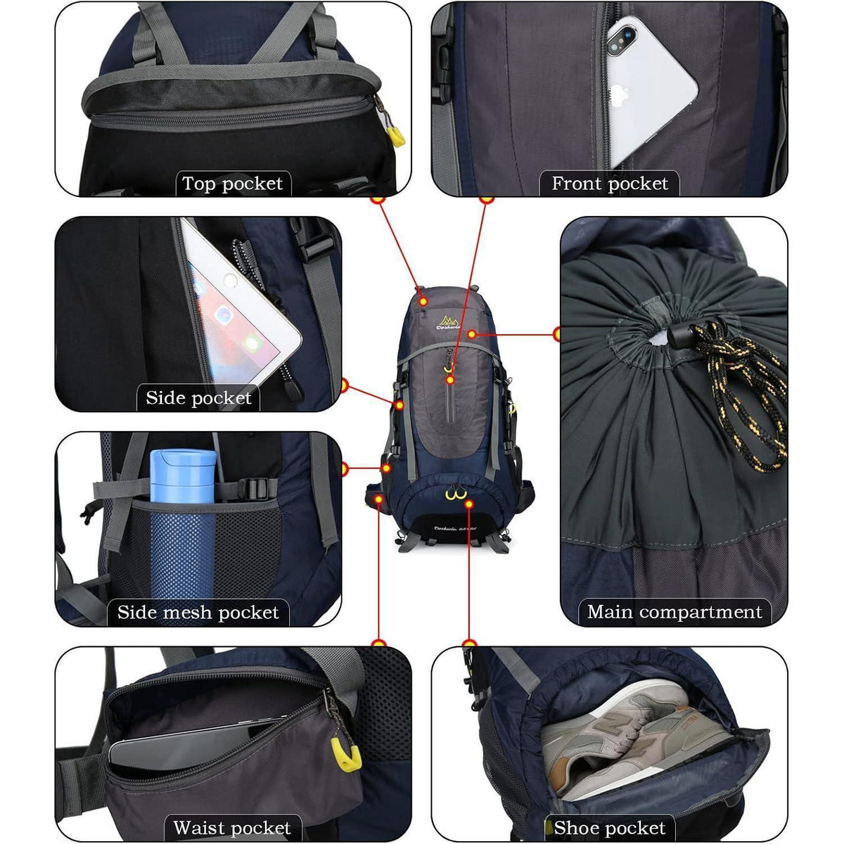 70L Trekkingrucksack Dunkelblau Damen Herren XL