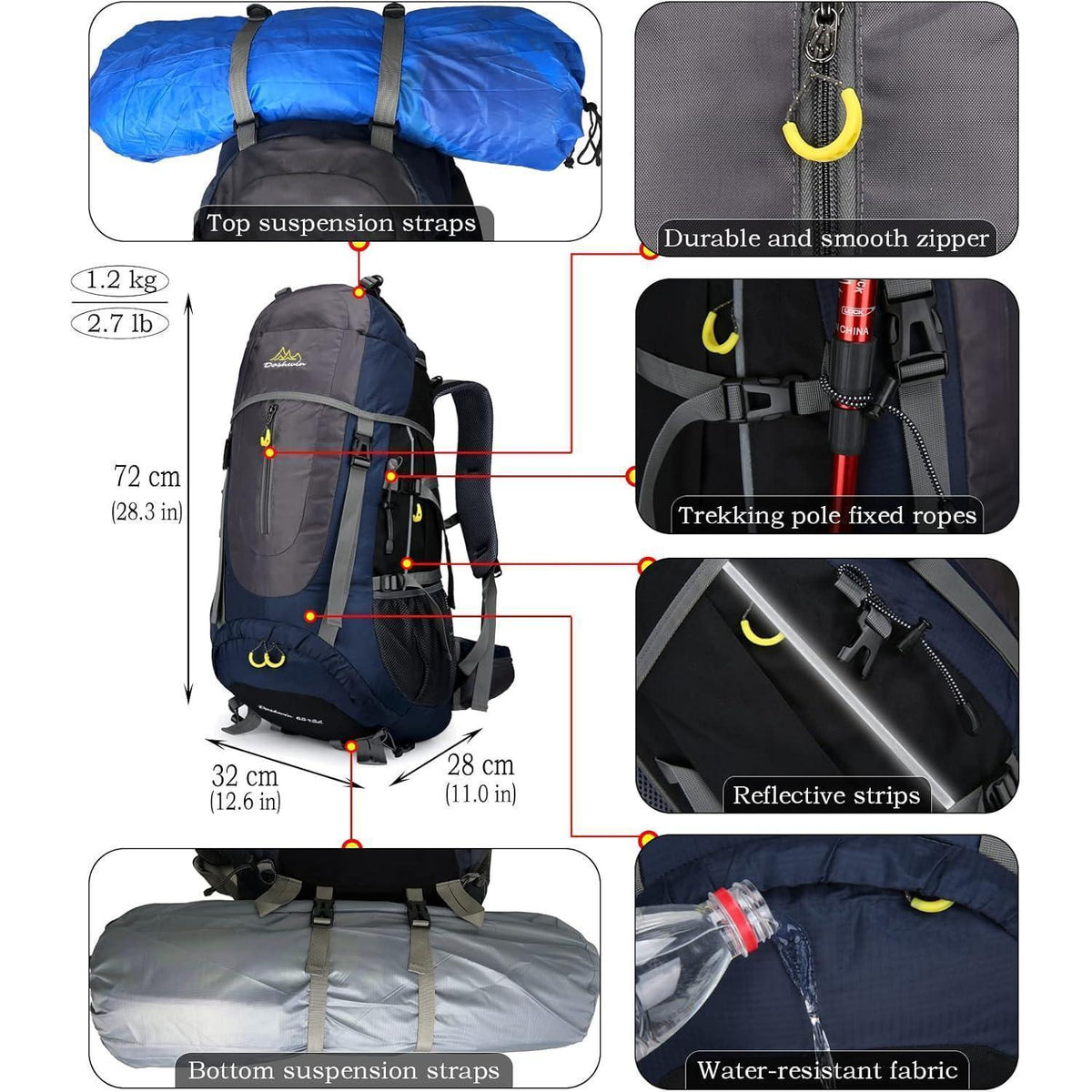 70L Trekkingrucksack Dunkelblau Damen Herren XL