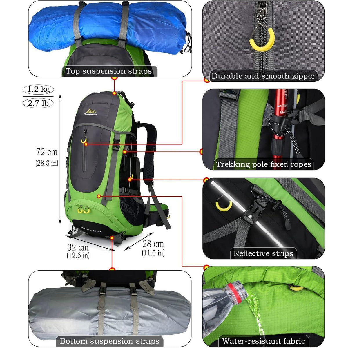 70L Trekkingrucksack Grün XL Damen Herren Wasserdicht