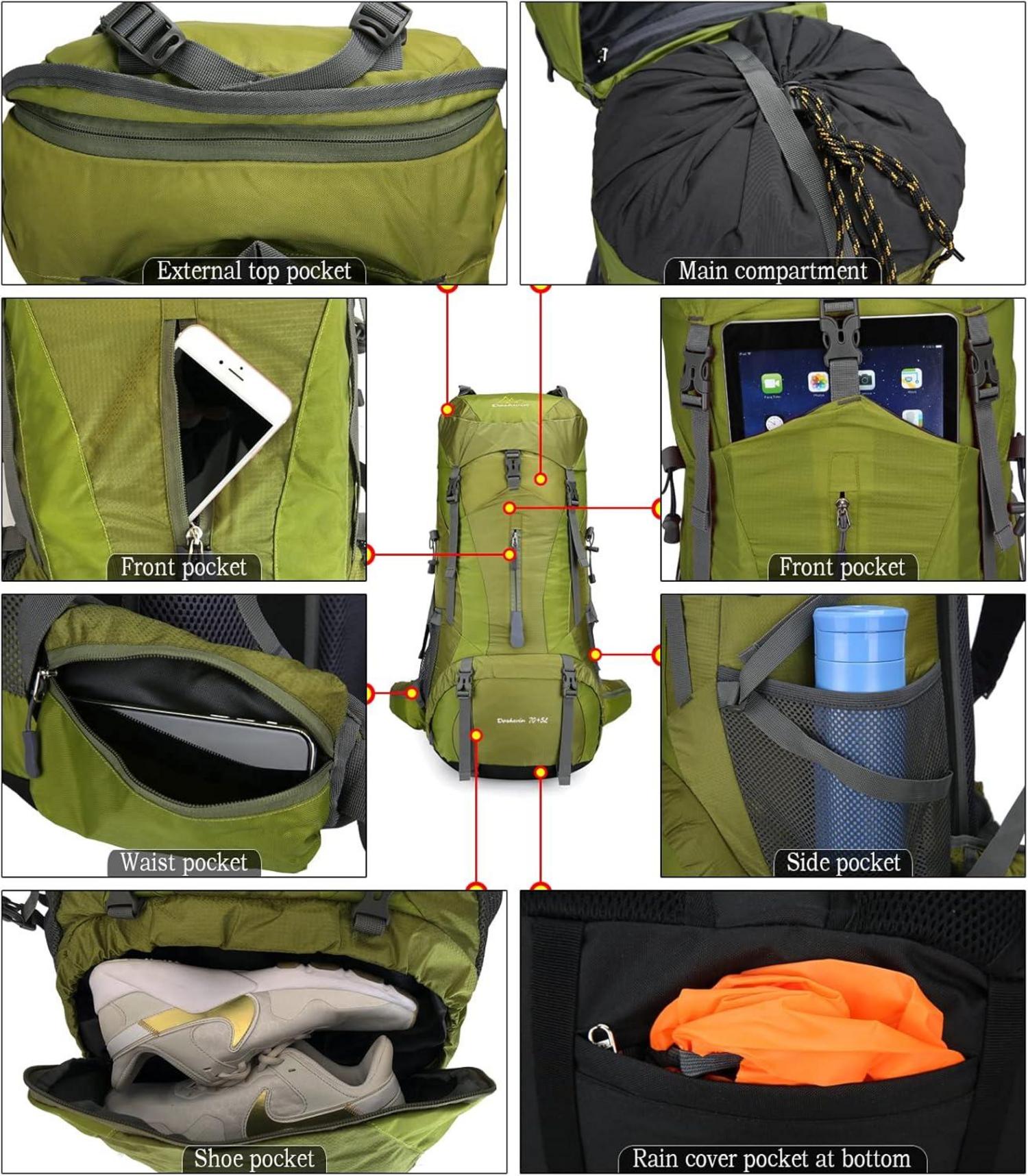 Doshwin 70L Camping Trekking Rucksack Grün wasserdicht Leichtgewicht 70+5L