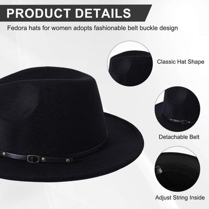 Unisex Fedora Hut aus Wollmischung mit Gürtelschnalle – Schwarz