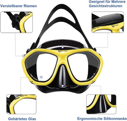 Premium Schnorchelset Tauchmaske Erwachsene Anti-Fog 3-Kanal, Gehärtetes Glas