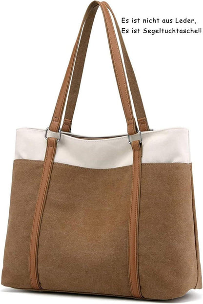 Damen Canvas Schultertasche Groß Khaki Shopper Büro Schule