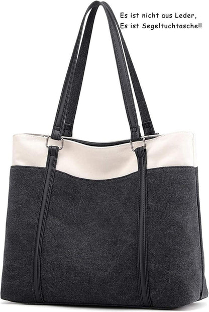 Damen Canvas Schultertasche Schwarz - Groß Elegant Büro