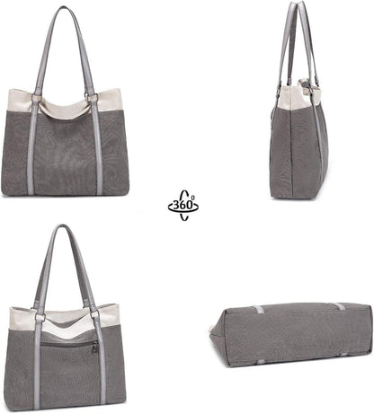Damen Canvas Schultertasche Shopper Groß Schwarz Elegant