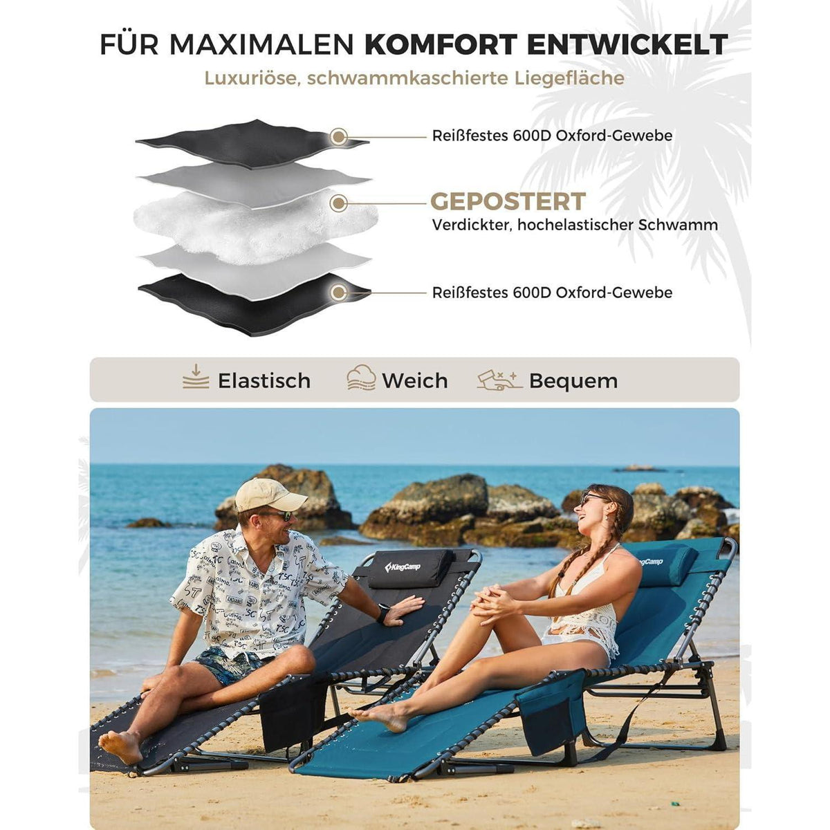 Übergroße Sonnenliege 5-fach verstellbar mit Kopfkissen Baumwolle Schwarz