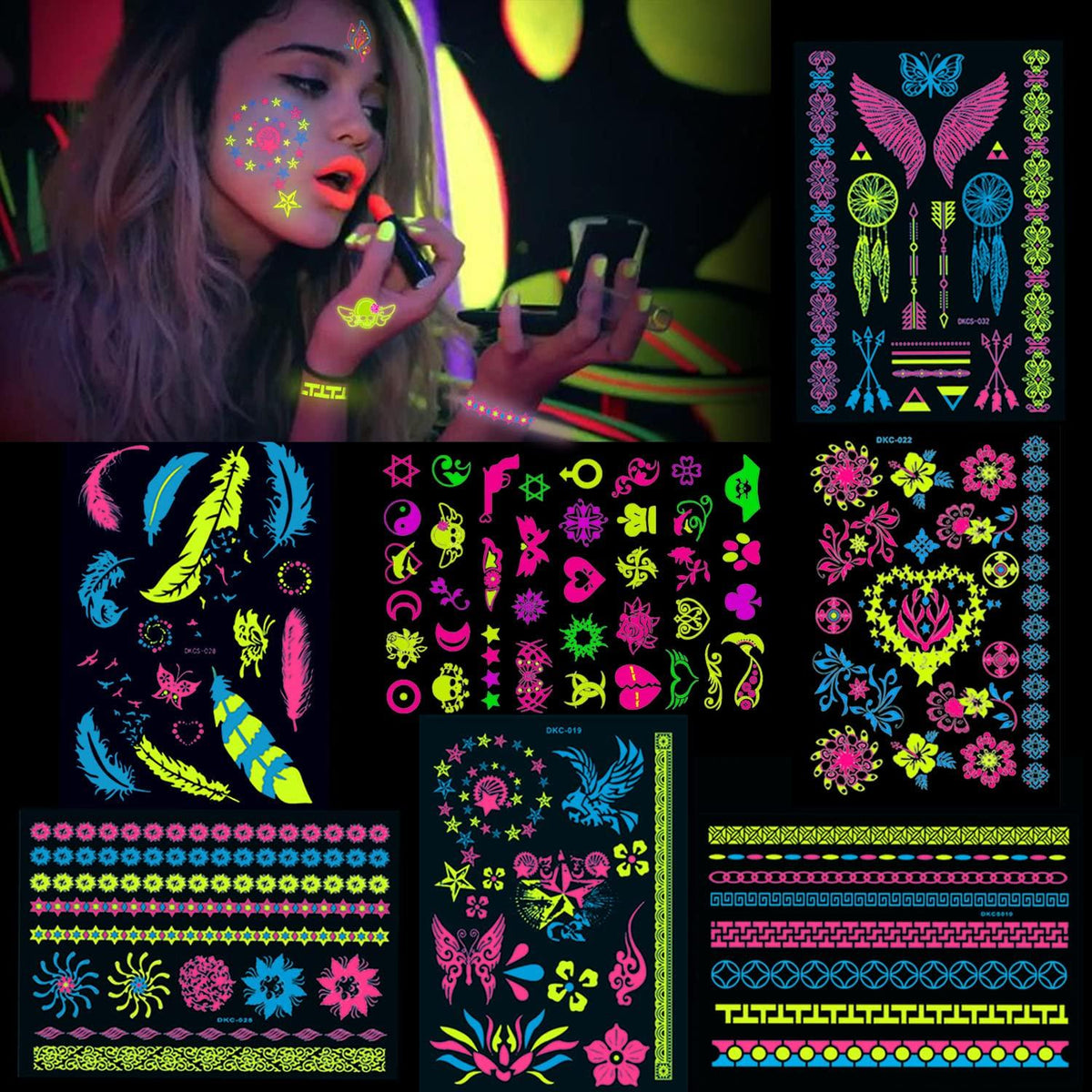 7 Neon Tattoos UV Schwarzlicht Body Face Painting Festivals