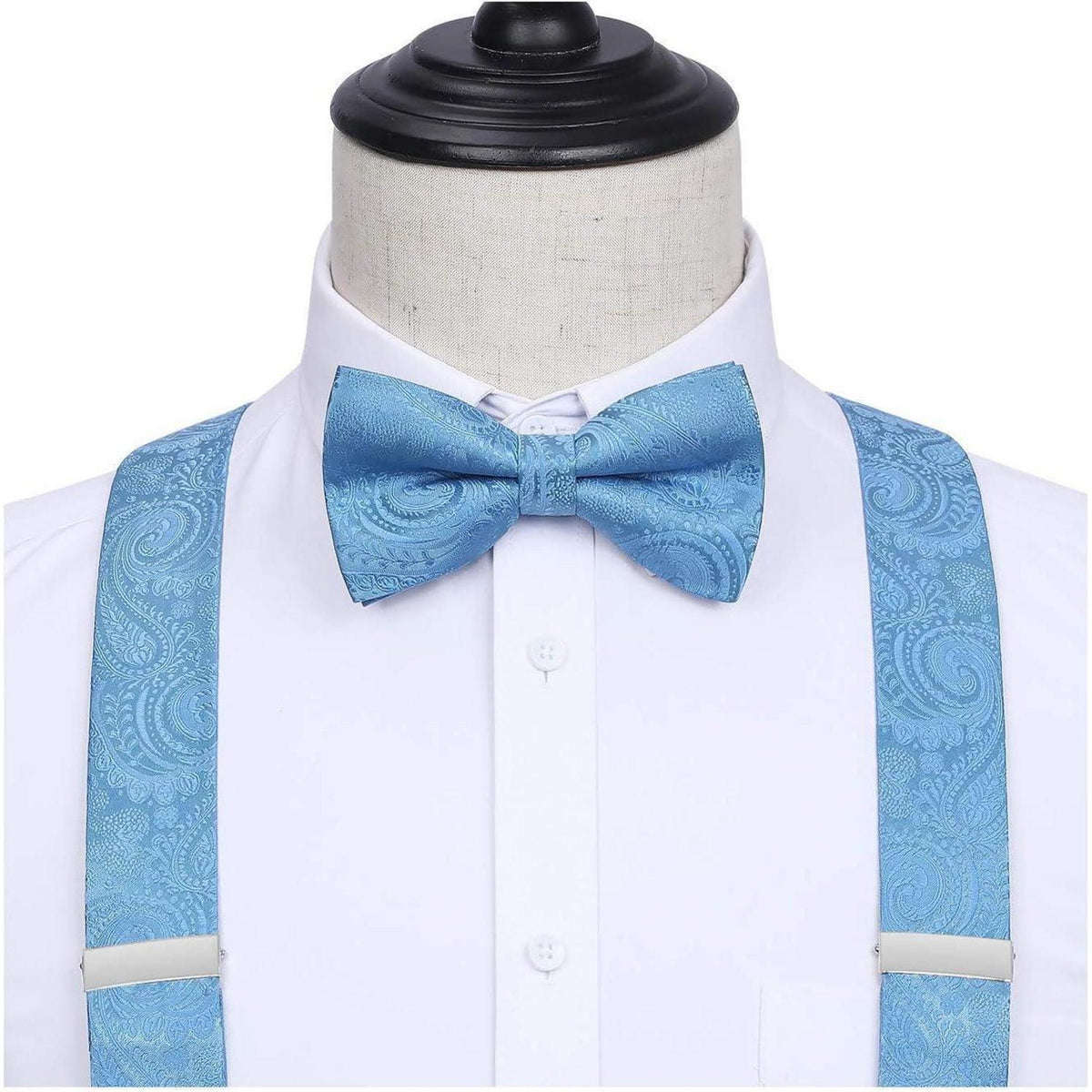 Herren Hosenträger Set mit Fliege und Einstecktuch, Himmelblau Paisley