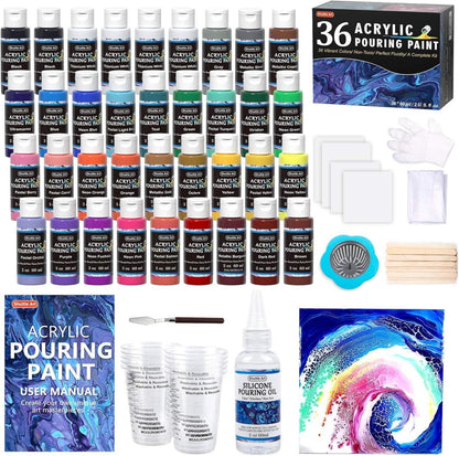 Pouring Acrylfarben Set 36 Farben 60ml Flaschen Silikonöl Leinwand