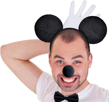 Haarreifen mit Maus Ohren Rot-weiße Schleife 2x + Handschuhe 2x + Nase 2x + Fliege 1x