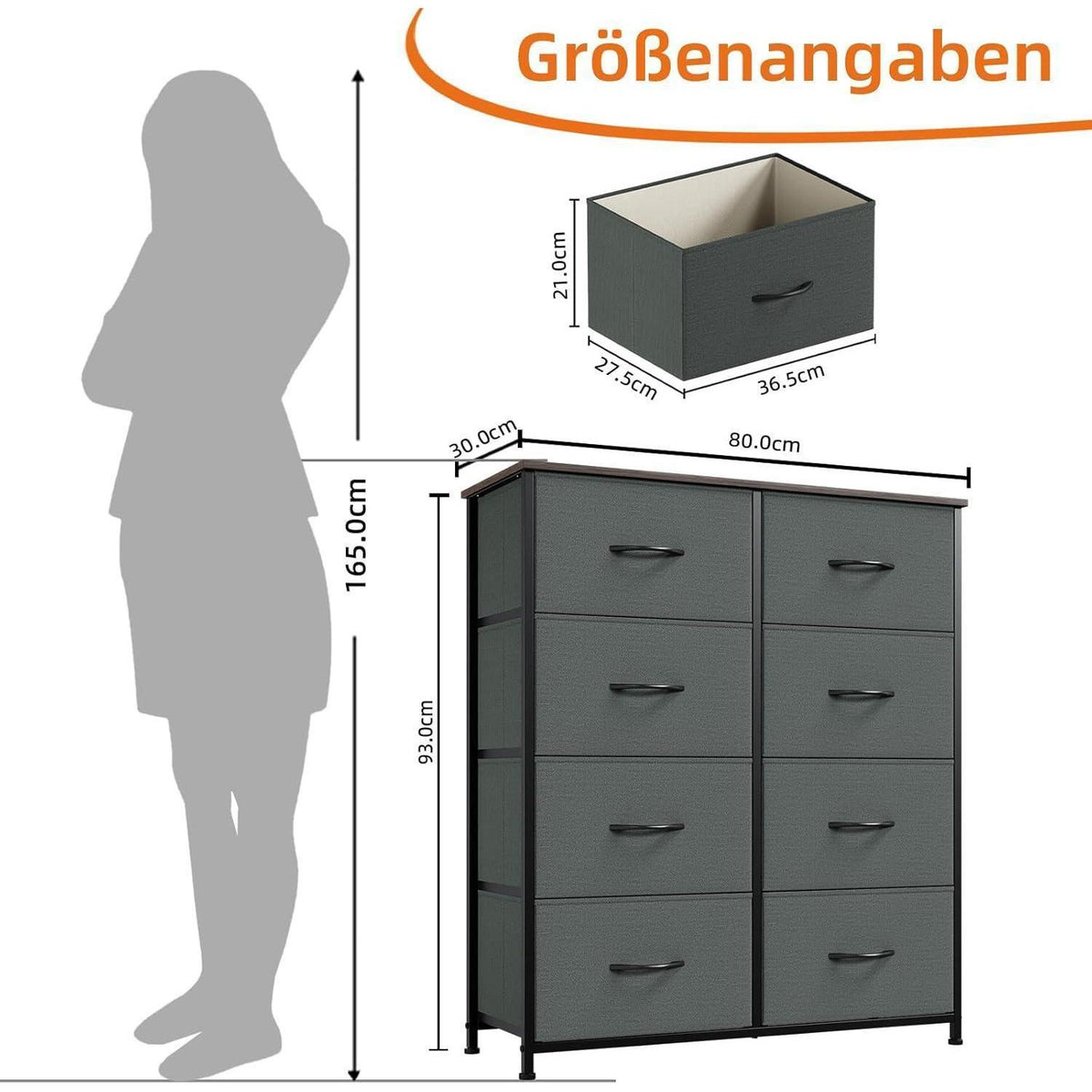 Kommode mit 8 Stoffschubladen – Grau, 30x80x93 cm