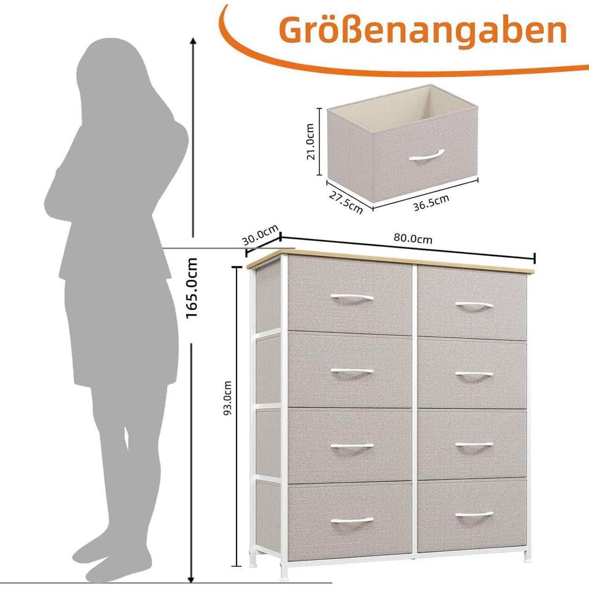 Somdot Kommode mit 8 Stoffschubladen – Aschgrau, 30x80x93 cm