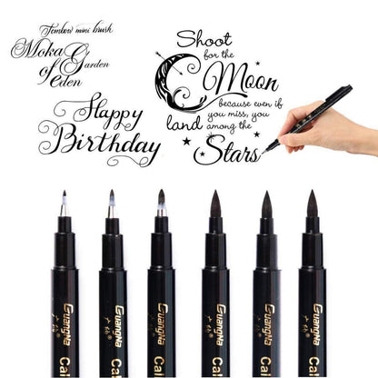 Kalligraphie Stift Set – 6 Schwarze Pinselstifte für Handlettering