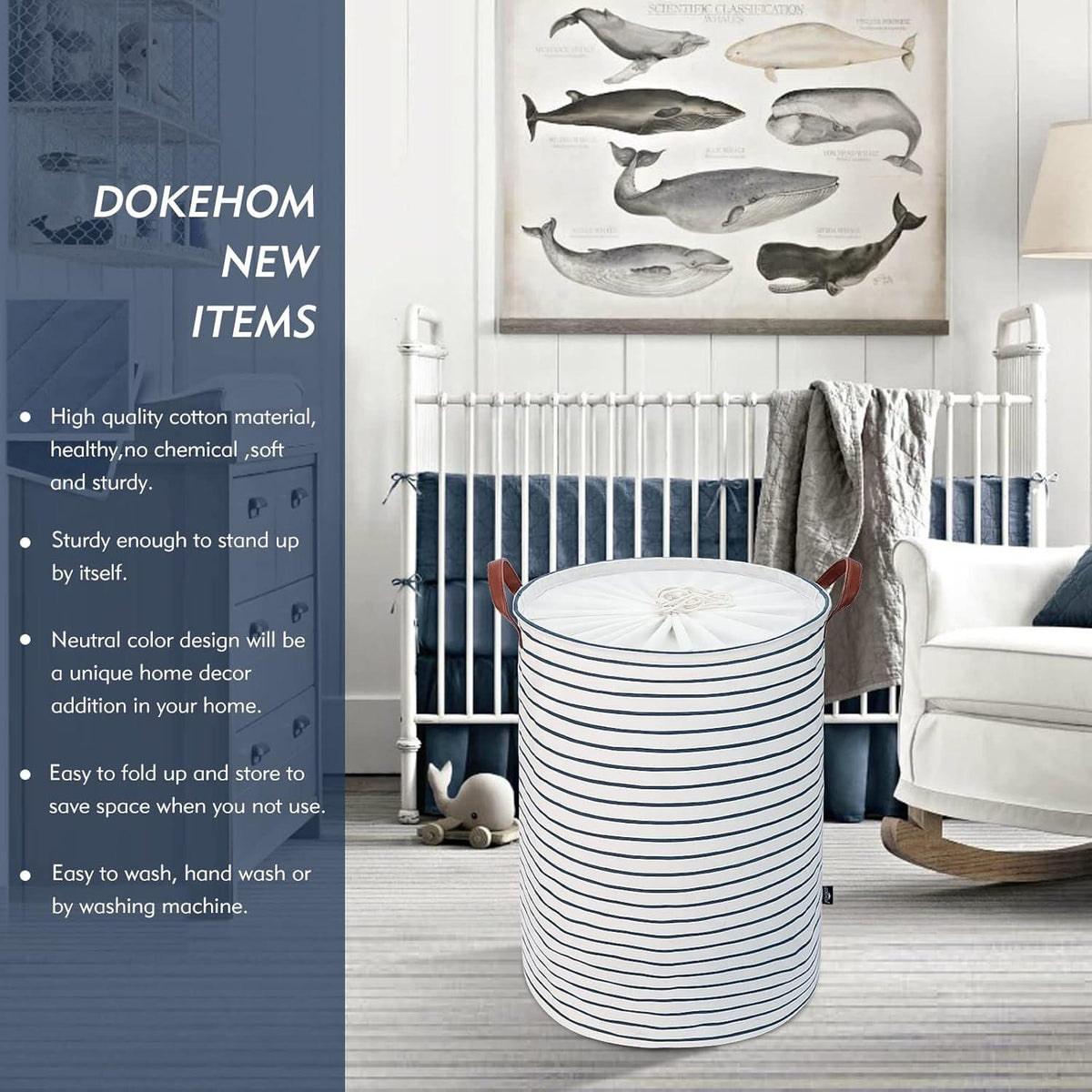DOKEHOM 24-Inch Faltbarer Runder Wäschekorb Baumwolle Blau