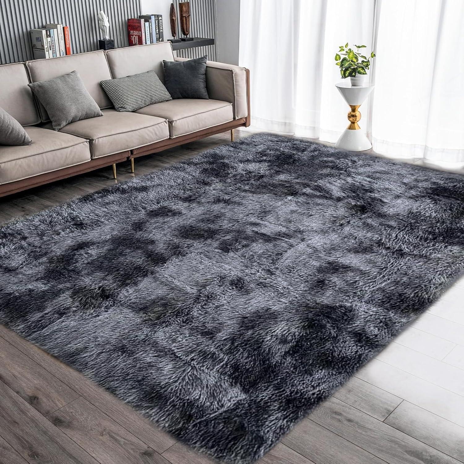 Weicher Hochflor Teppich Modern Schwarz Weiß 120x160cm