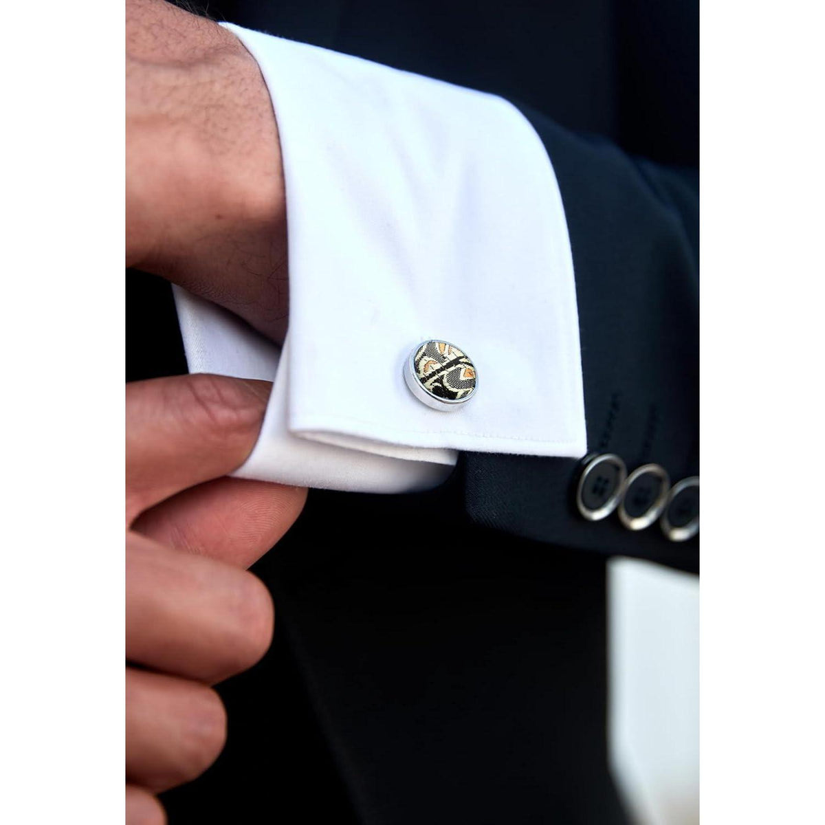 Herren Paisley Fliegen-Set mit Einstecktuch und Manschettenknöpfen, Gold