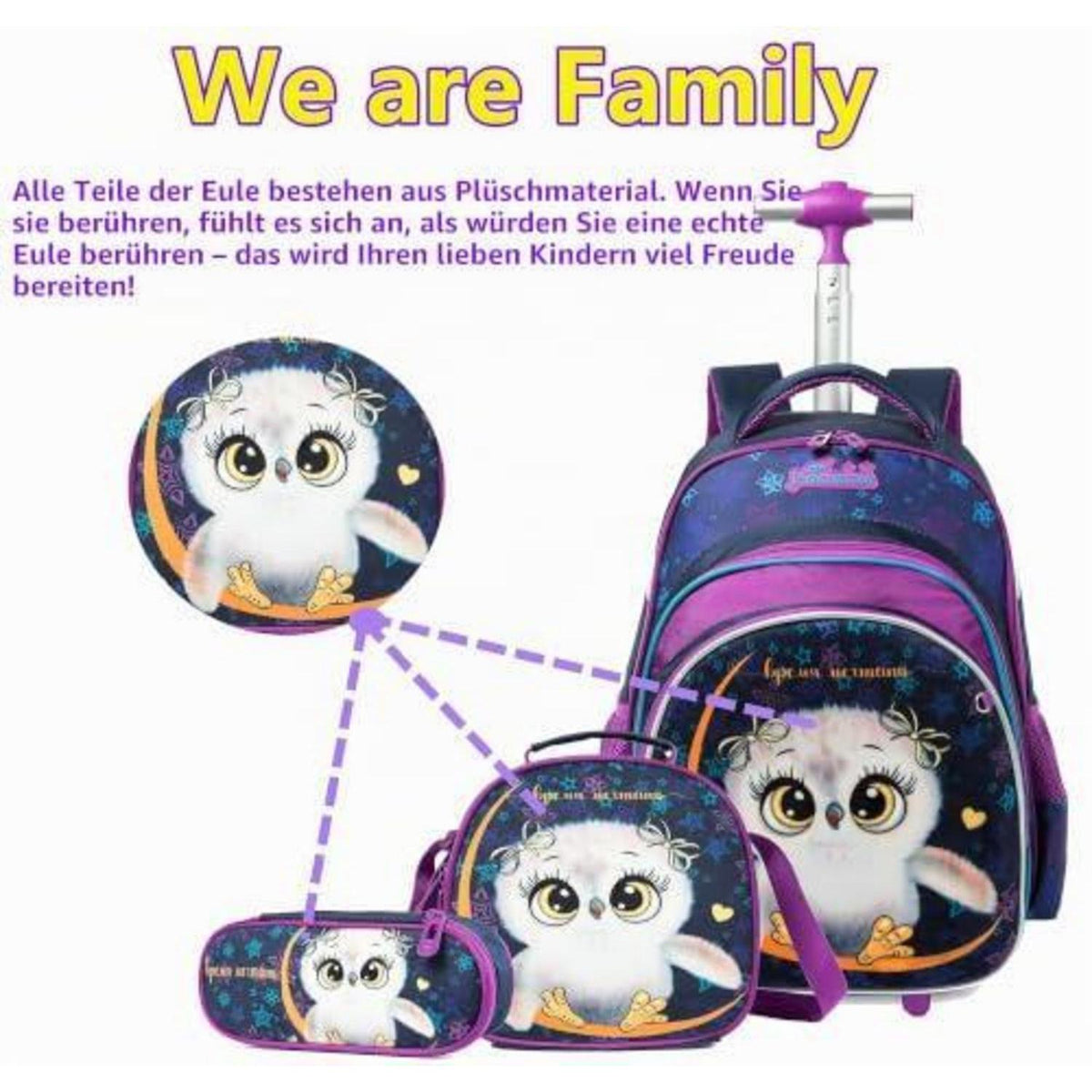 Schultrolley Rucksack Eule Grün mit Lunchbox & Federmäppchen