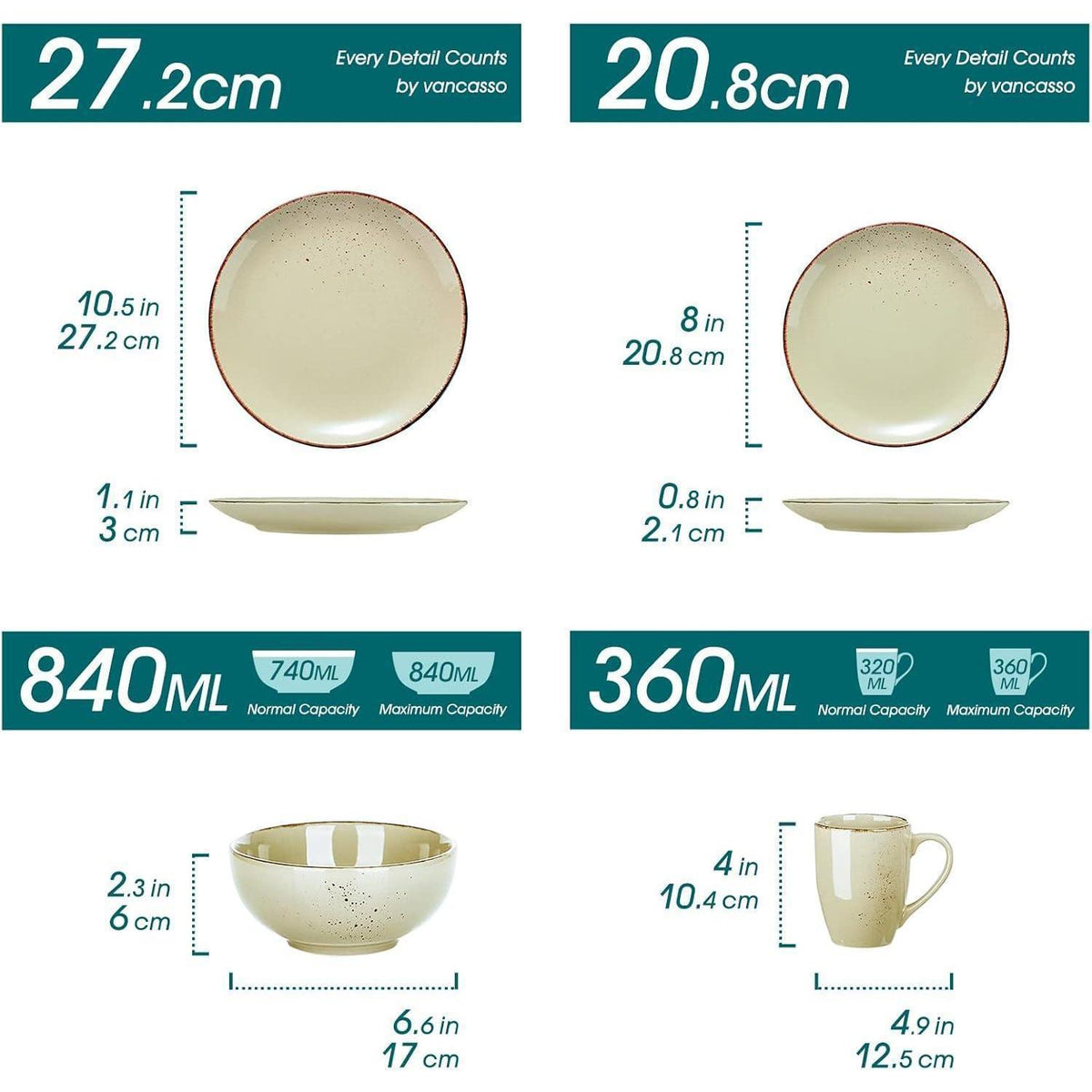 Tafelservice Set für 8 Personen, Steingut Kombiservice 32-teilig, Vintage Natur Design Beige