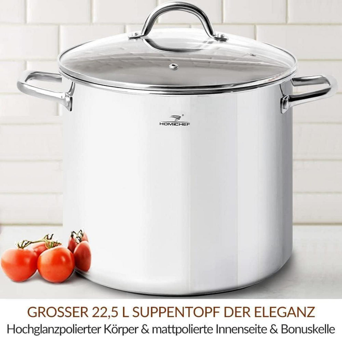 Großer Edelstahl-Suppentopf 22,5 Liter mit Deckel