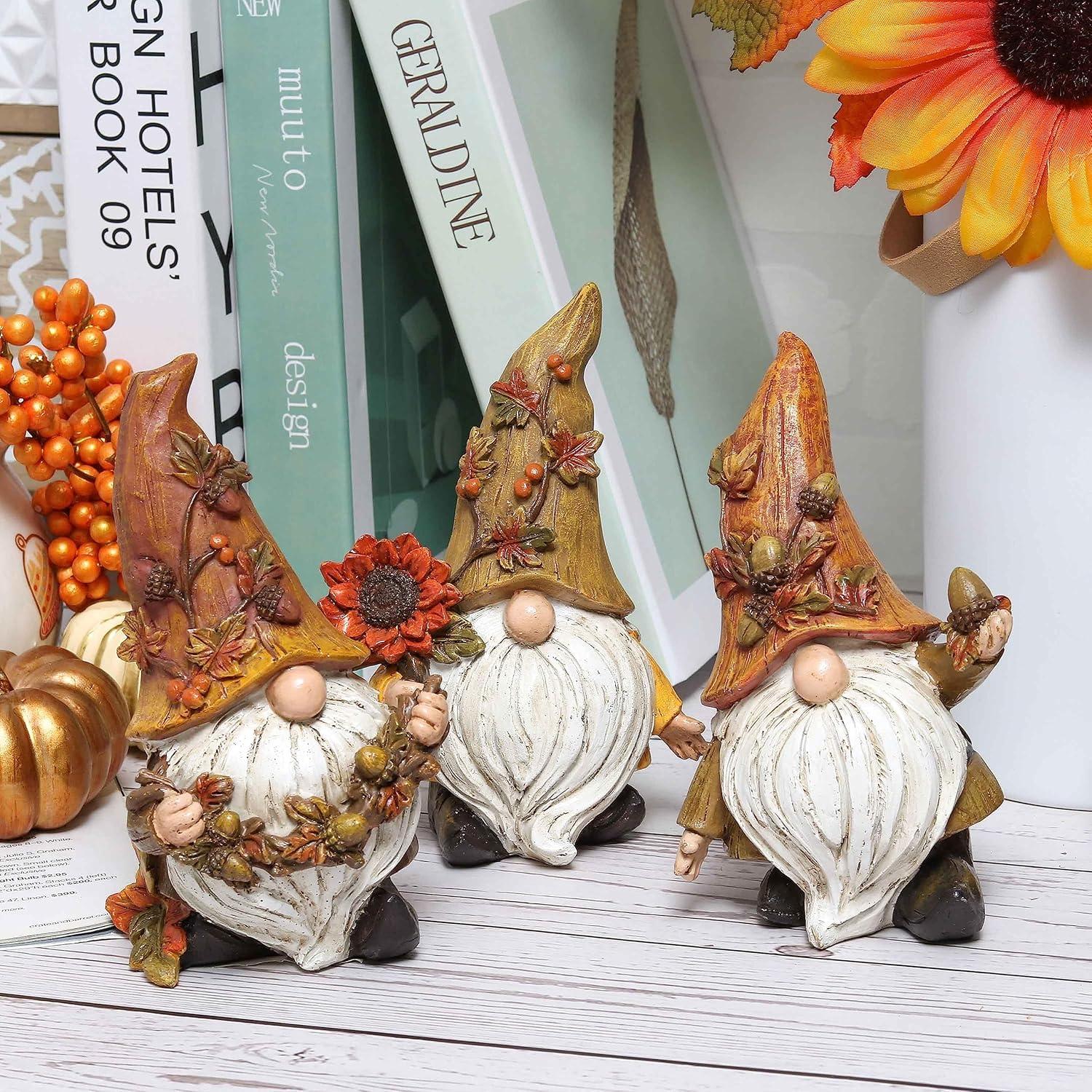 3er Set Gartenzwerge Herbstdeko Kunstharz Figuren 15cm Terrassendeko