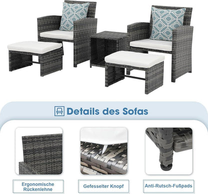 Rattan Gartenmöbel-Set für Balkon: 2 Sessel mit Hocker&Bistrotisch