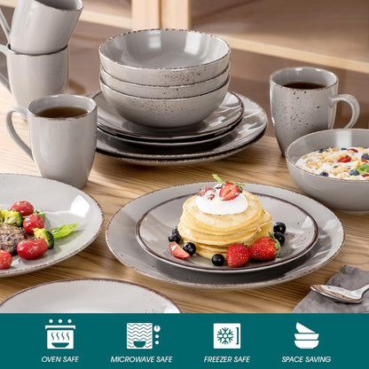 Steingut Tafelservice Set 16-teilig Vintage Natur Design Grau