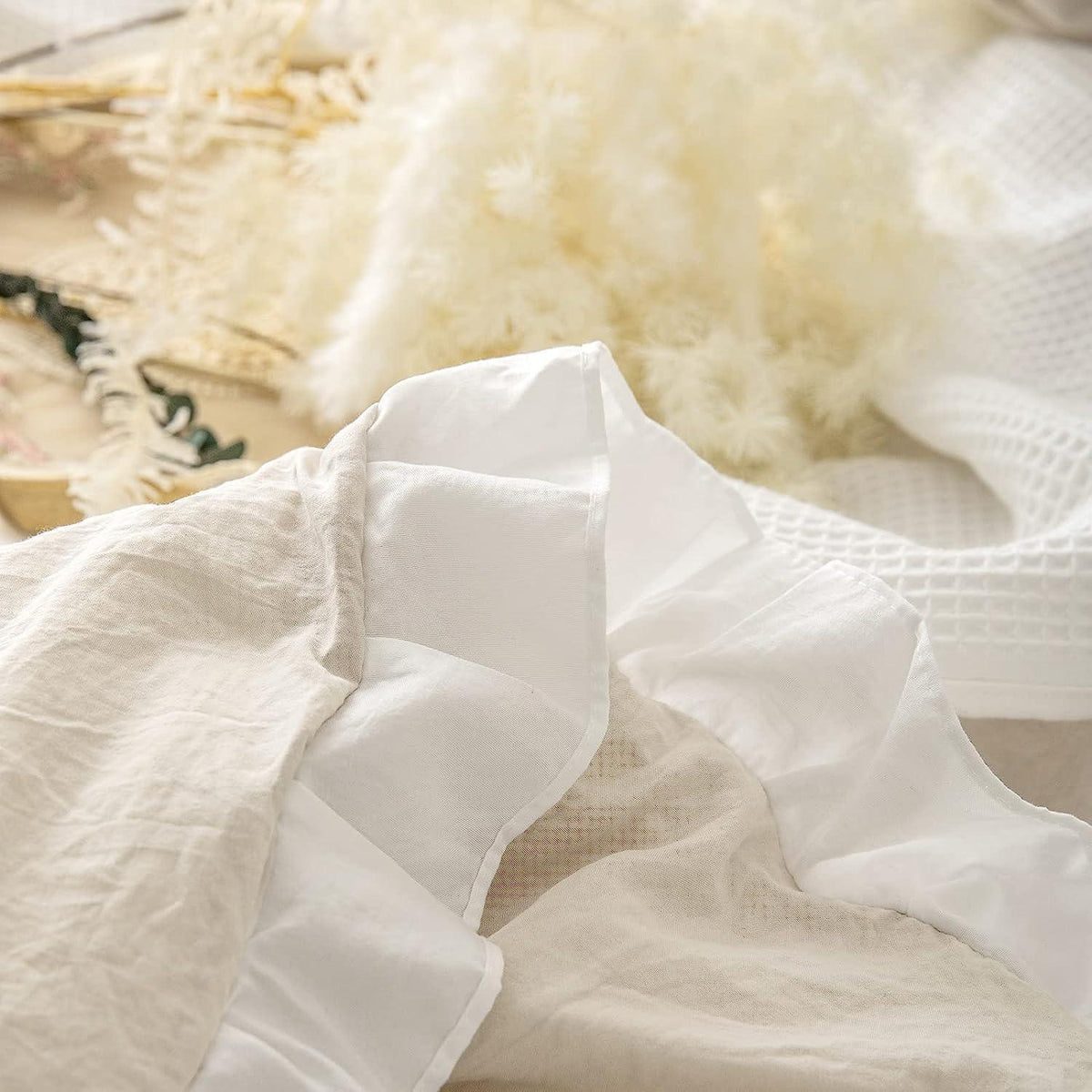 Rüschen Bettwäsche 220x240 Beige Weiß