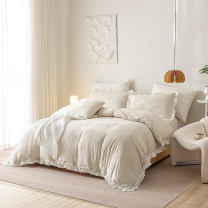 Rüschen Bettwäsche Set Beige Weiß 155x220 + 80x80