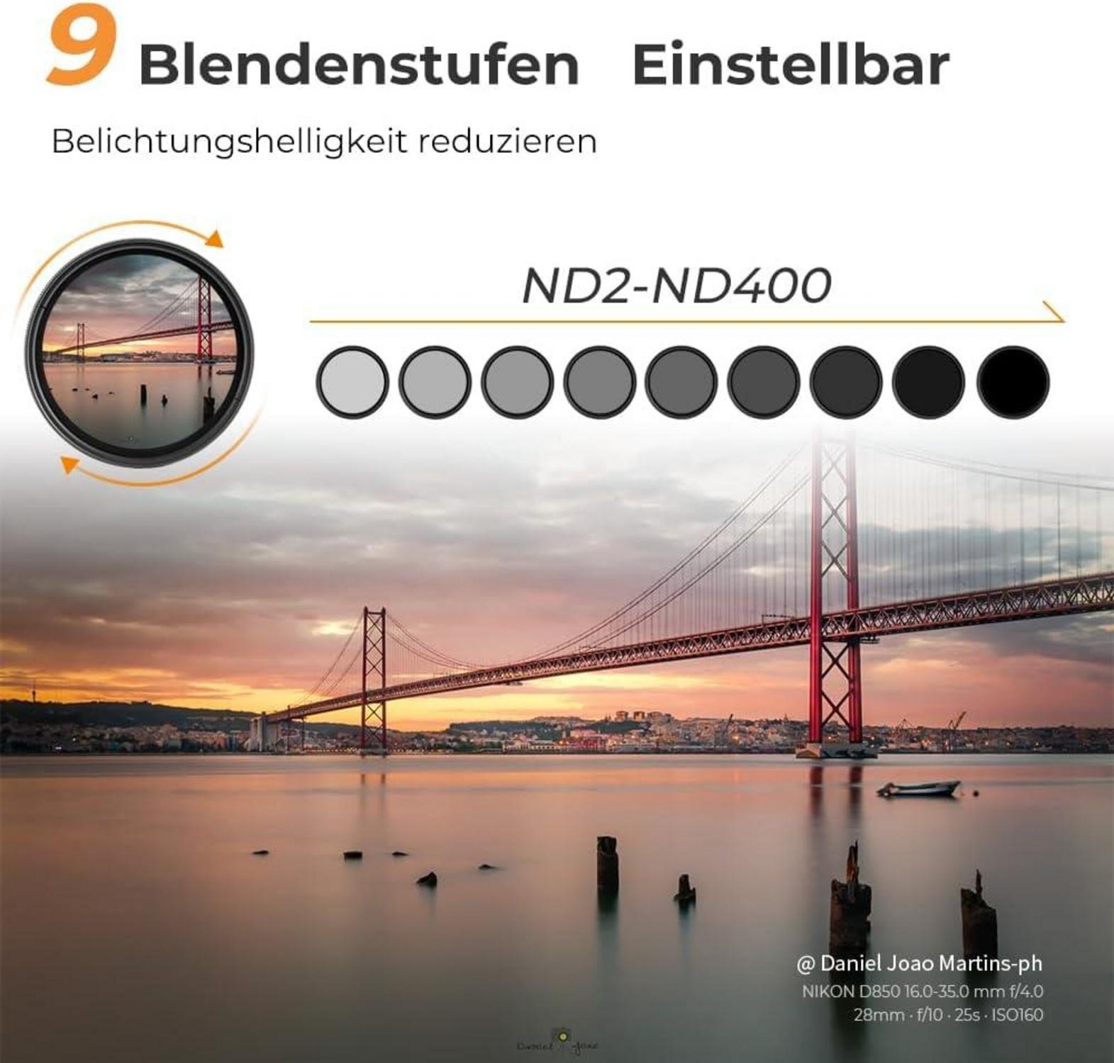 Variabler ND Filter Slim 62mm ND2-400 (1-9 Stop) Neutral Graufilter