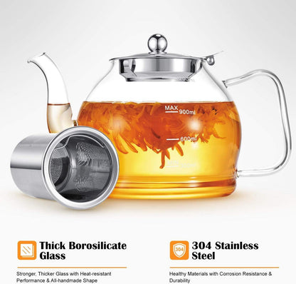 Teekanne Glas mit Siebeinsatz Tee Kanne 1.2L Hitzebeständig