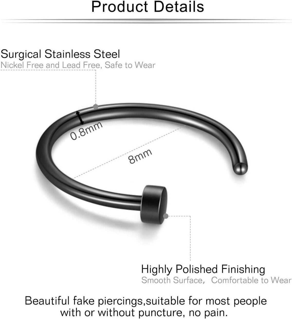 Nasenpiercings Fake Edelstahl 20G 8mm Ring Hoop Piercings Nase Lippe