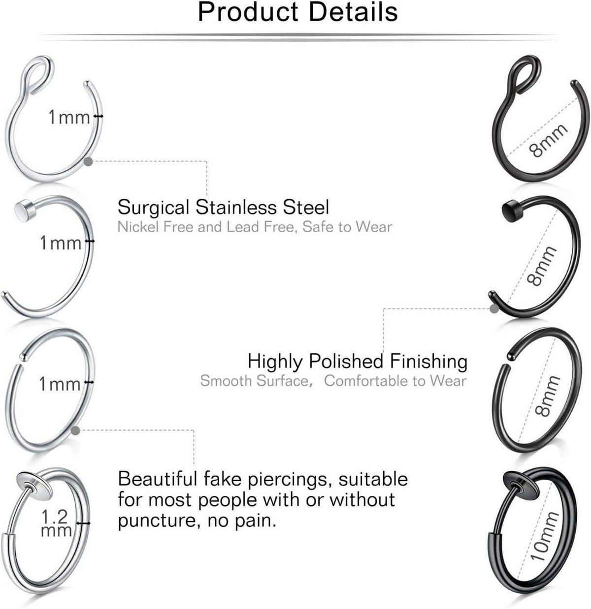12-16Stk 20G 8mm Fake Nasenpiercings Edelstahl Set mit