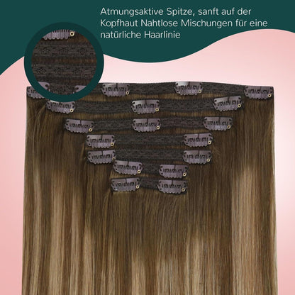 Echthaar Clip-in Extensions Ombre Braun Balayage Blond