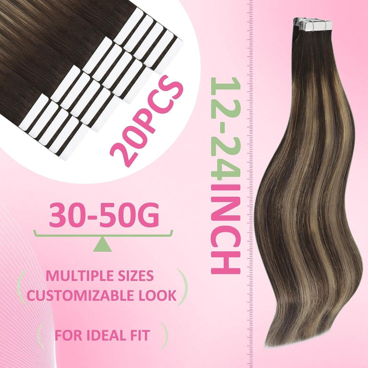Echthaar Tape Extensions Ombre Braun Blond 55cm