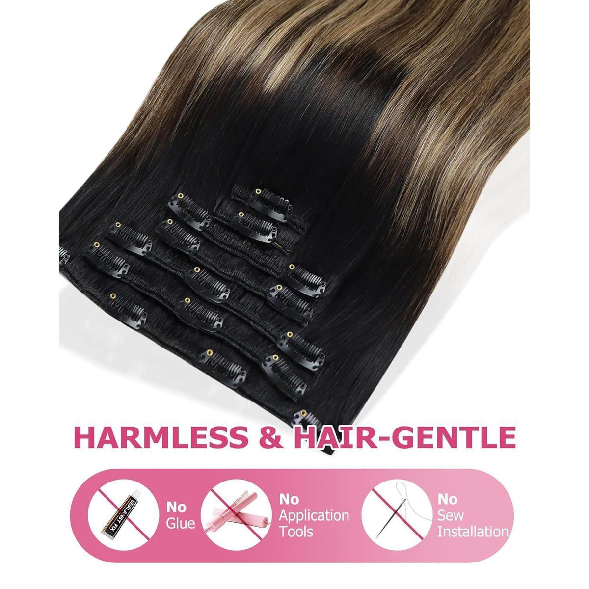 Echthaar Clip-in Extensions Balayage Schwarz Braun Blond 45cm