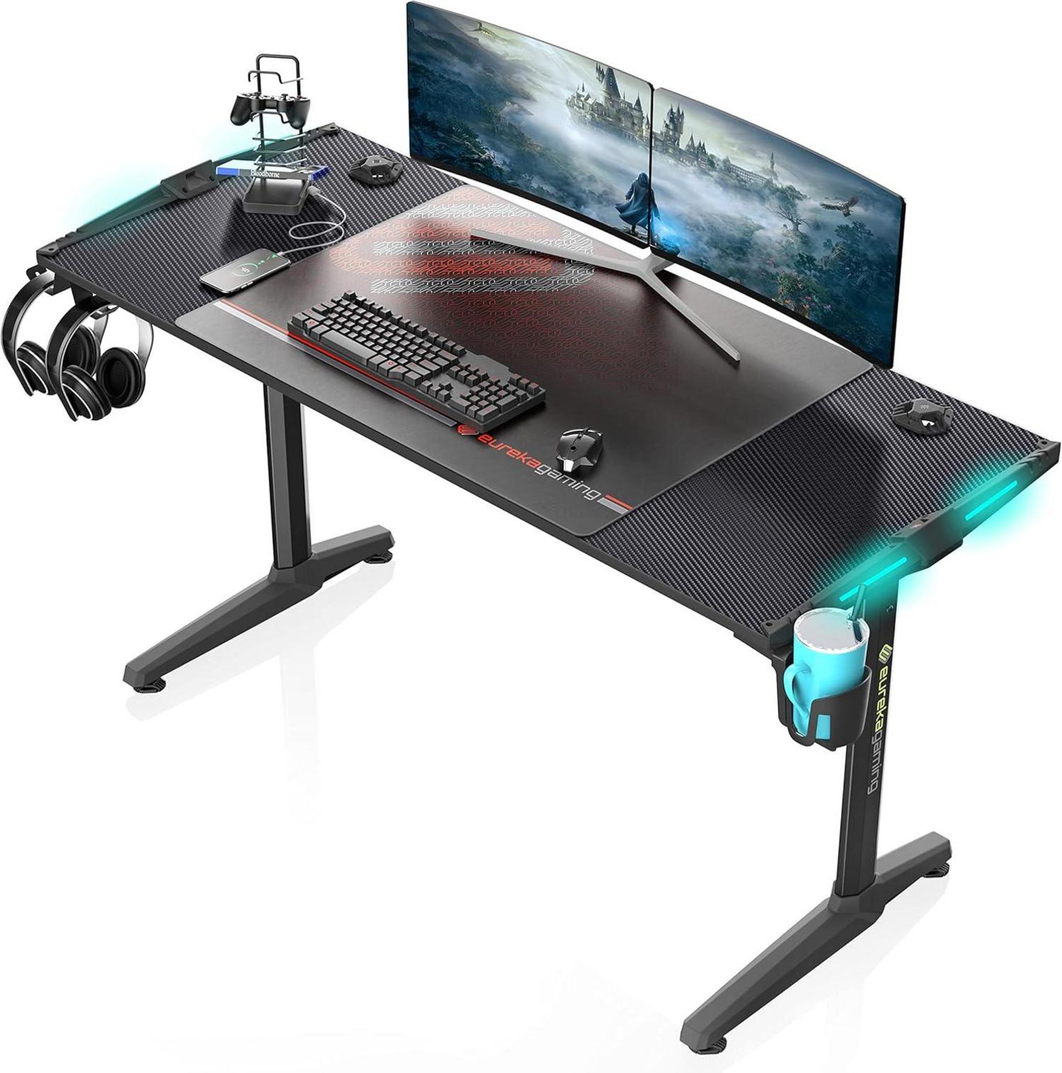 Gaming Tisch LED Groß 140x60 Kabelmanagement Getränkehalter