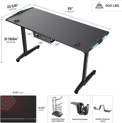 Gaming Tisch LED Groß 140x60 Kabelmanagement Getränkehalter