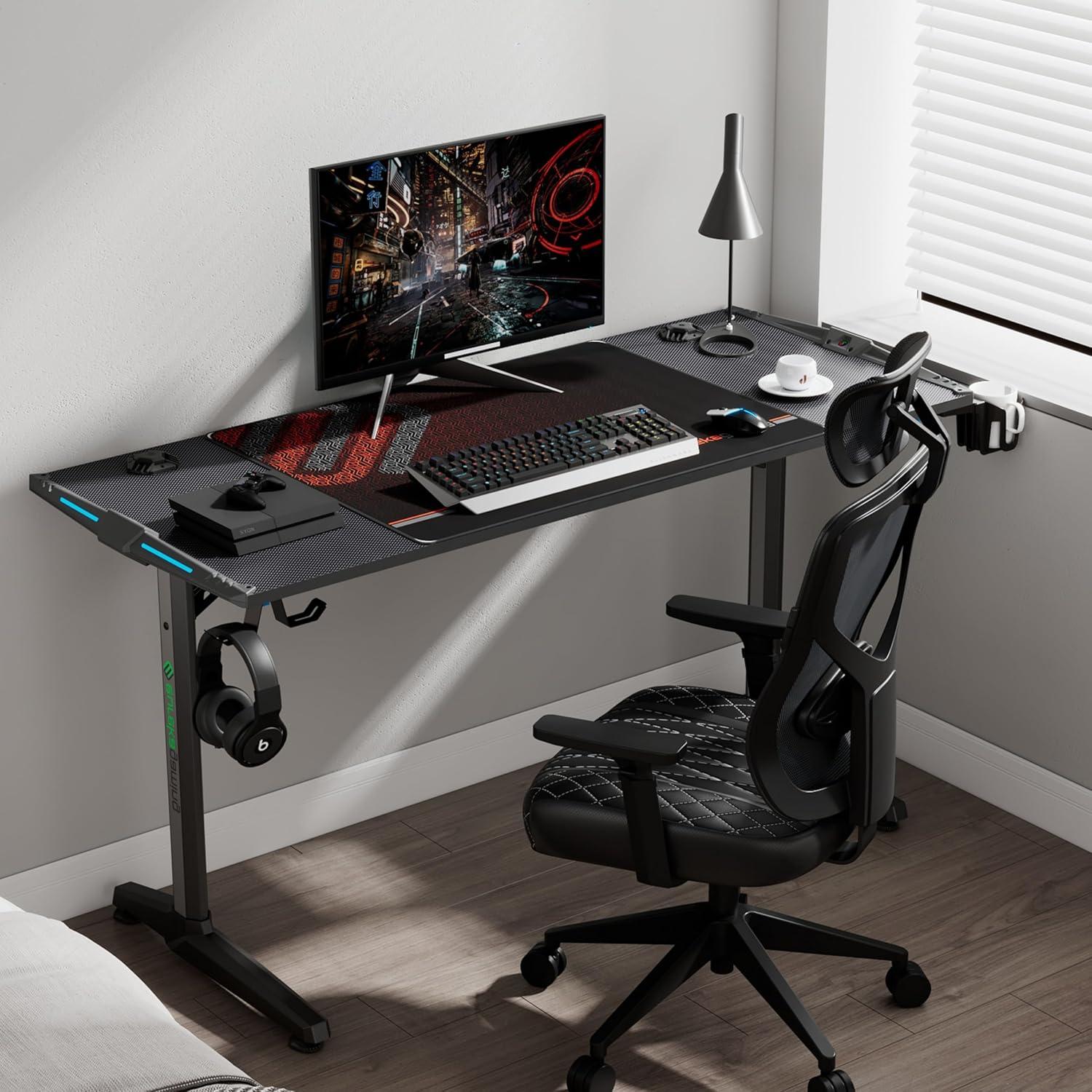 Gaming Tisch LED Groß Gamer 140x60 cm Kabelmanagement Getränkehalter Kopfhörerhalter Schwarz