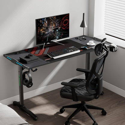 Gaming Tisch LED Groß Gamer 140x60 cm Kabelmanagement Getränkehalter Kopfhörerhalter Schwarz