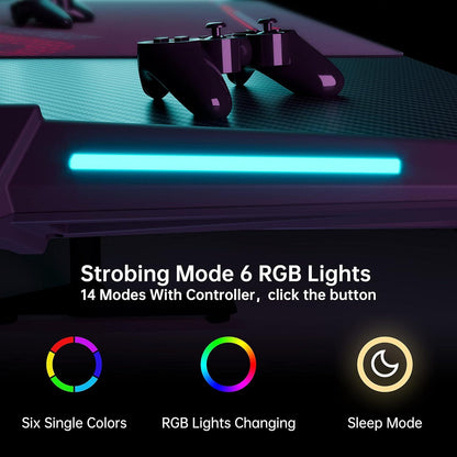 Gaming Tisch LED Groß Gamer 140x60 cm Schreibtisch PC Kabelmanagement Schwarz