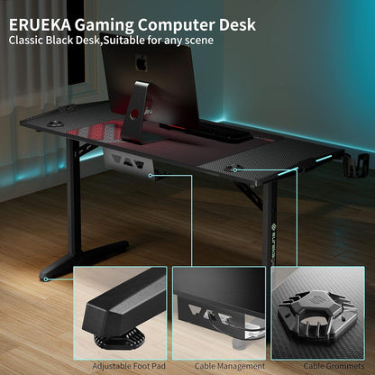 Gaming Tisch LED Groß Gamer 140x60 cm Kabelmanagement Getränkehalter Kopfhörerhalter Schwarz